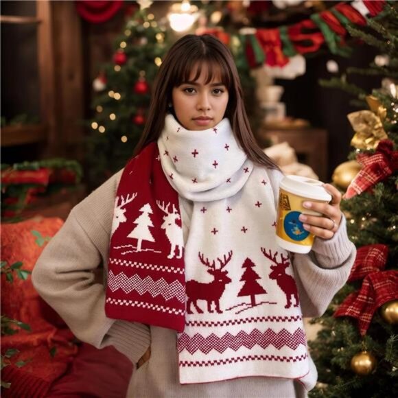 Fall & Winter Soft Knit Scarf - Reindeer & Snowflake Pattern for Women - Picture 5 of 8